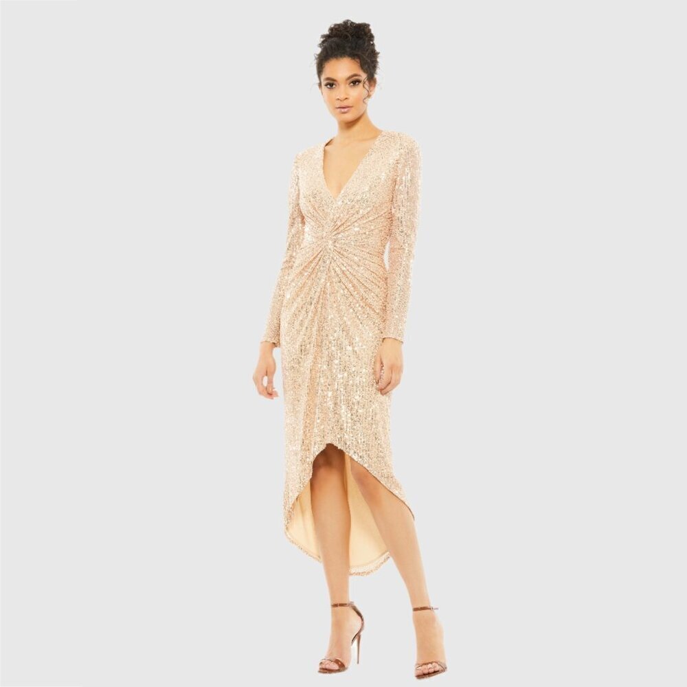 NWT Mac Duggal Sequined High Low Front Twist Midi Dress Rose Gold 10 #8290